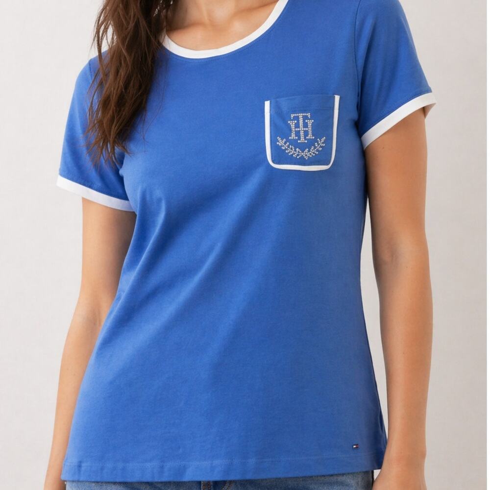 Tommy Hilfiger Y2K Blue Ringer Tee‎ Rhinestone Logo Pocket Top Size L